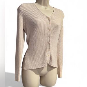 Vintage 90s Express Tricot Ribbed Cardigan Beige Fitted Button Up Minimalist Y2K